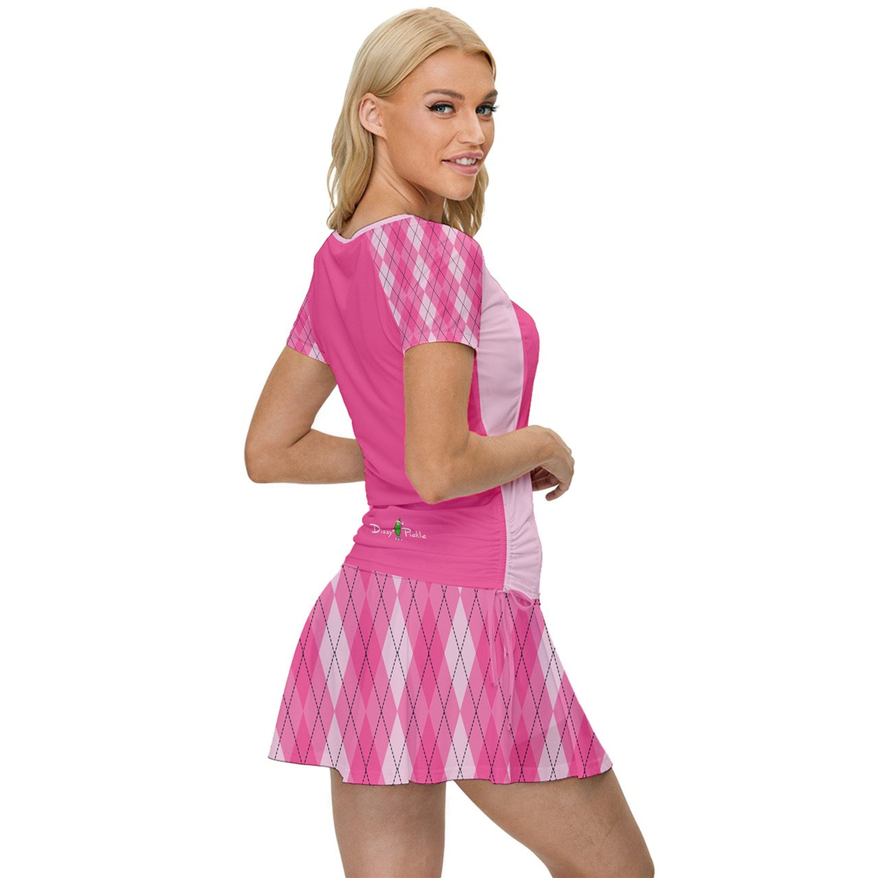 Dizzy Pickle Ashley Argyle Pink Women's Pickleball Sports Set (Shirt and Skort)