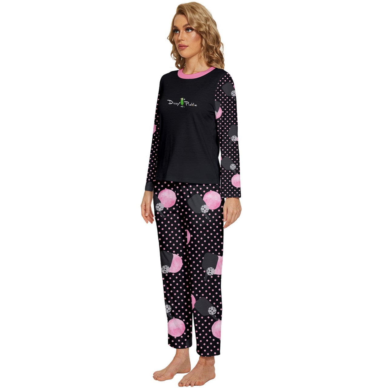 Dizzy Pickle Page Paddles_Polka Dots Black Women's Pickleball Long Sleeve Lightweight Cropped Pajamas Set