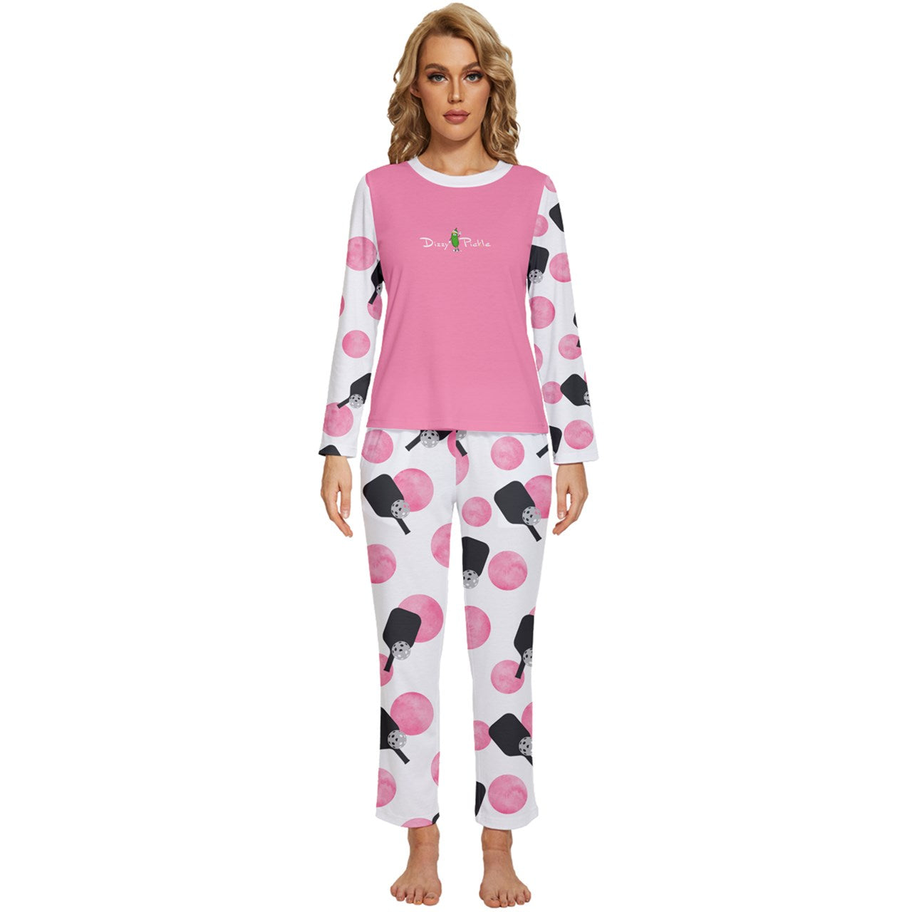 Dizzy Pickle Page Paddles_Polka Dots White Women's Pickleball Long Sleeve Lightweight Cropped Pajamas Set