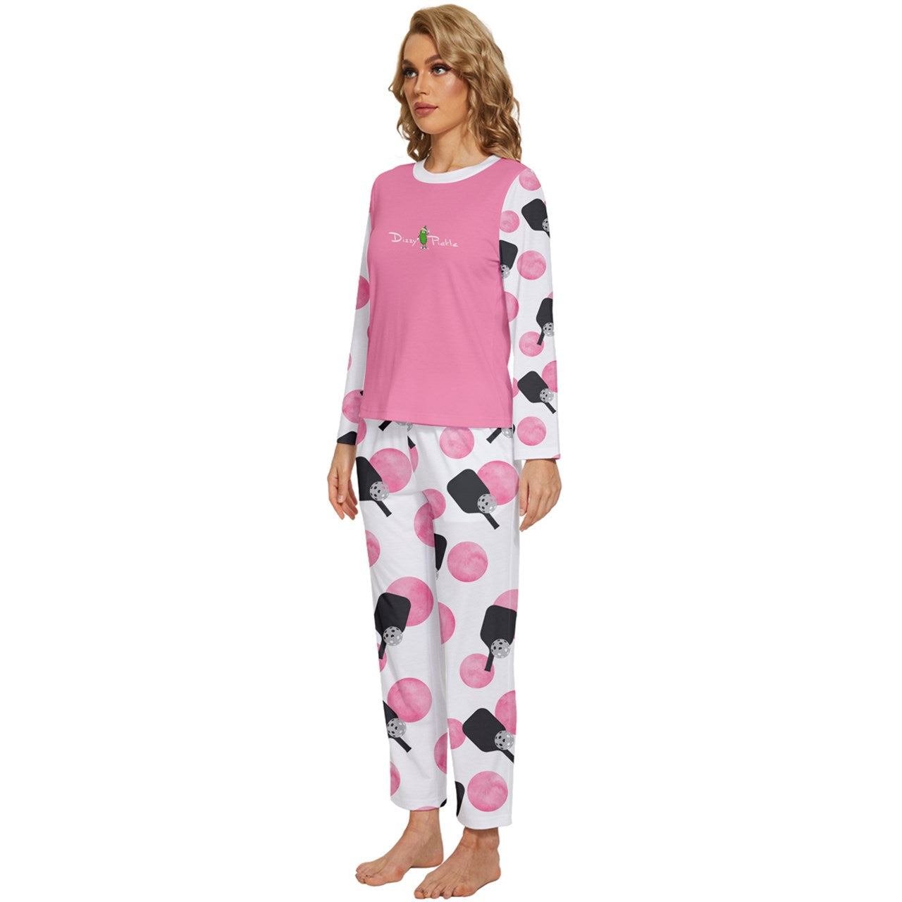 Dizzy Pickle Page Paddles_Polka Dots White Women's Pickleball Long Sleeve Lightweight Cropped Pajamas Set