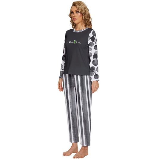 Dizzy Pickle Mary Paddles and Polka Dots and Stripes Women's Pickleball Long Sleeve Lightweight Cropped Pajamas Set