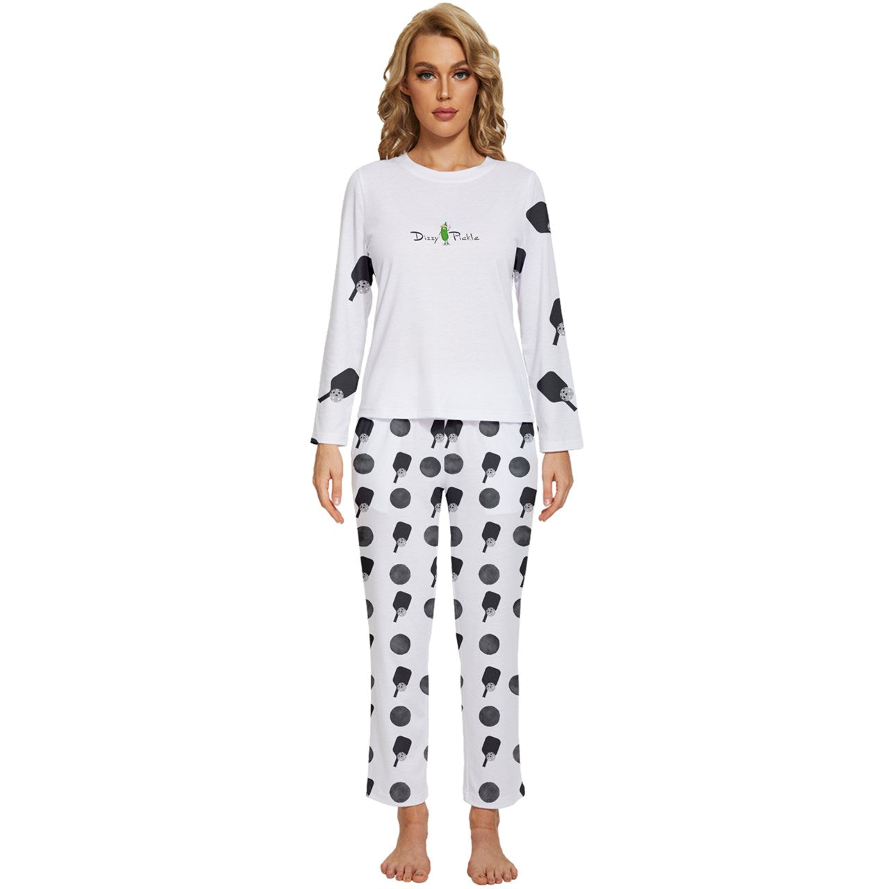 Dizzy Pickle Mary Paddles and Polka Dots Women's Pickleball Long Sleeve Lightweight Cropped Pajamas Set