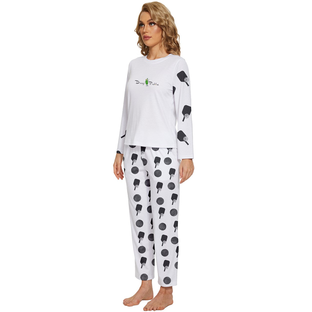 Dizzy Pickle Mary Paddles and Polka Dots Women's Pickleball Long Sleeve Lightweight Cropped Pajamas Set