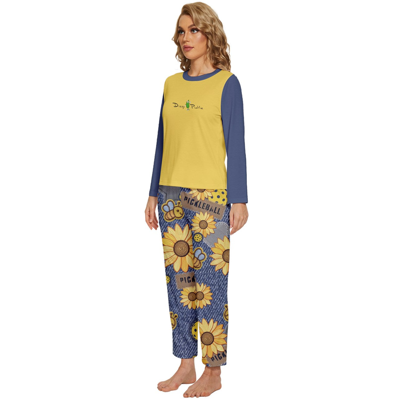 Dizzy Pickle Amy Sunflowers Women's Pickleball Long Sleeve Lightweight Cropped Pajamas Set