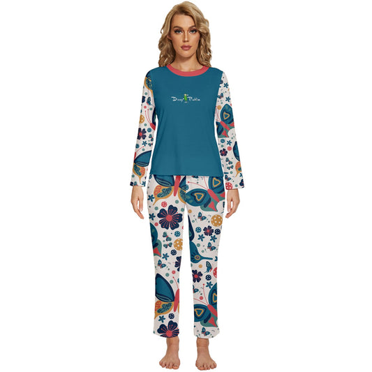 Dizzy Pickle Penny Blues Butterflies Women's Pickleball Long Sleeve Lightweight Cropped Pajamas Set