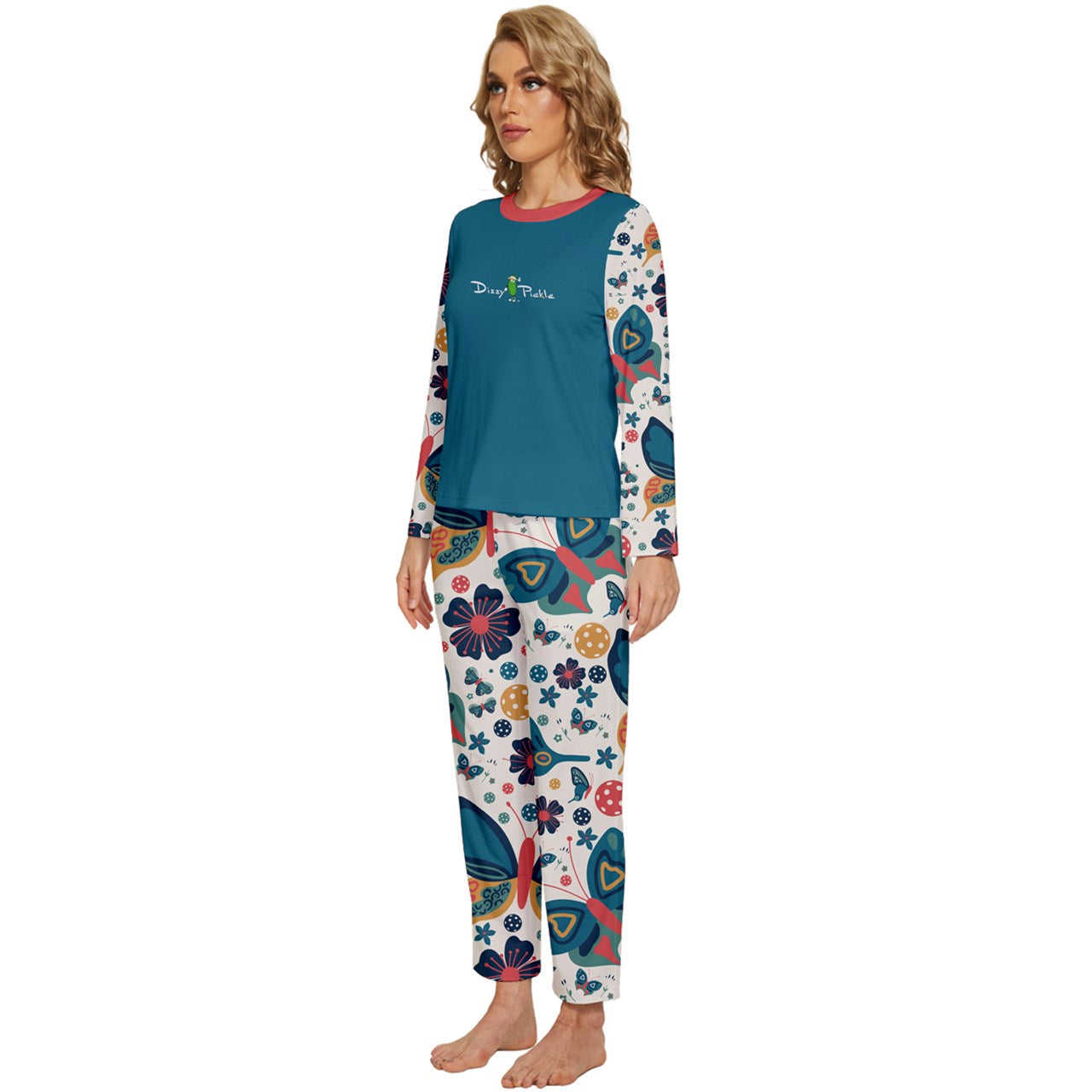 Dizzy Pickle Penny Blues Butterflies Women's Pickleball Long Sleeve Lightweight Cropped Pajamas Set