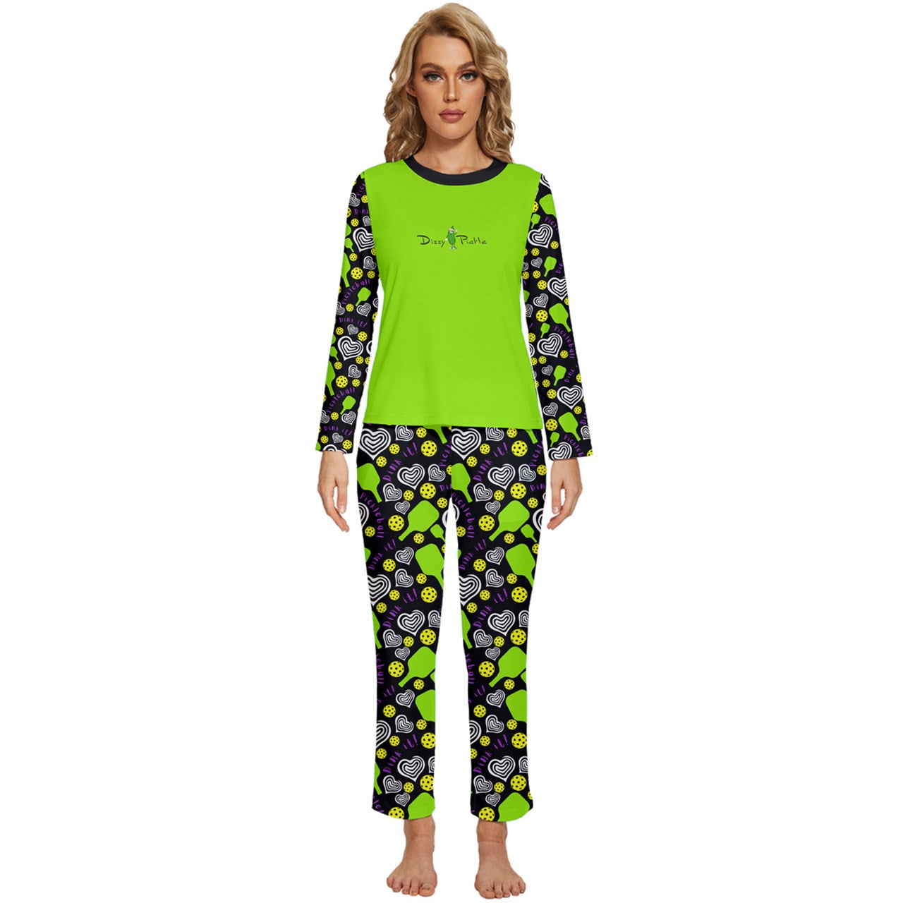 Dizzy Pickle Dinking Diva Hearts BG Women's Pickleball Long Sleeve Lightweight Cropped Pajamas Set