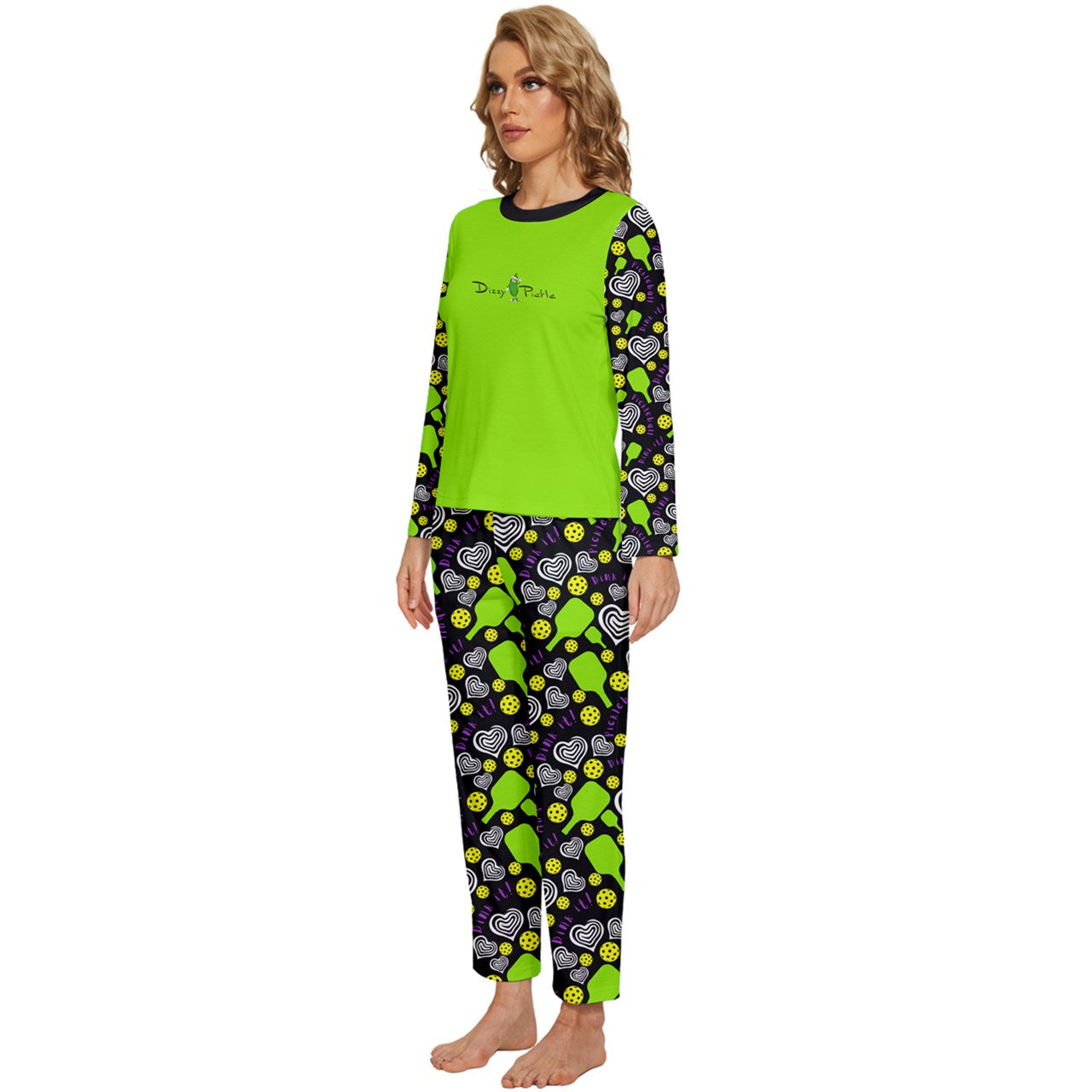 Dizzy Pickle Dinking Diva Hearts BG Women's Pickleball Long Sleeve Lightweight Cropped Pajamas Set