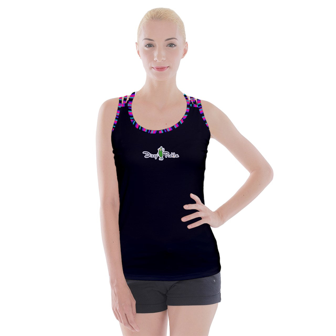 Dizzy Pickle Shelley (Black) Solid Black Women's Pickleball Criss Cross Back Tank Top