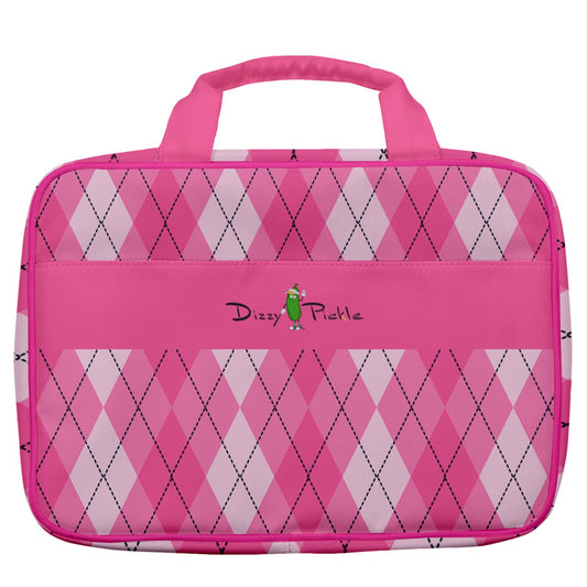 Dizzy Pickle Ashley Argyle Pink Women's Pickleball Travel Toiletry Bag with Hanging Hook