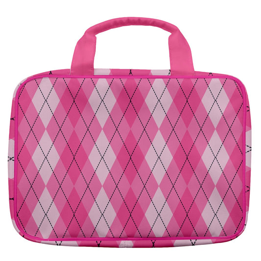 Dizzy Pickle Ashley Argyle Pink Women's Pickleball Travel Toiletry Bag with Hanging Hook