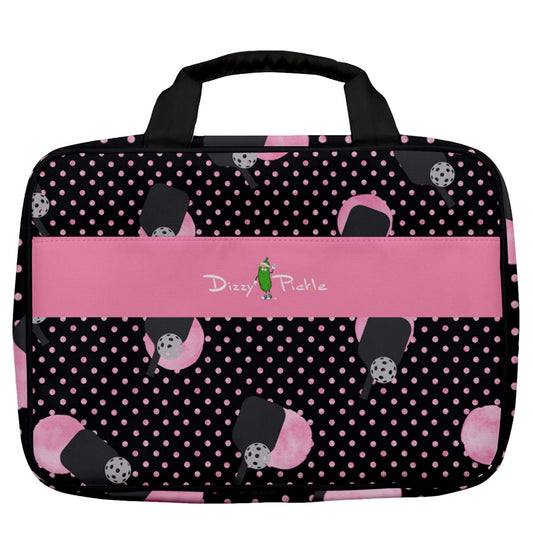 Dizzy Pickle Page Paddles_Polka Dots Black Women's Pickleball Travel Toiletry Bag with Hanging Hook