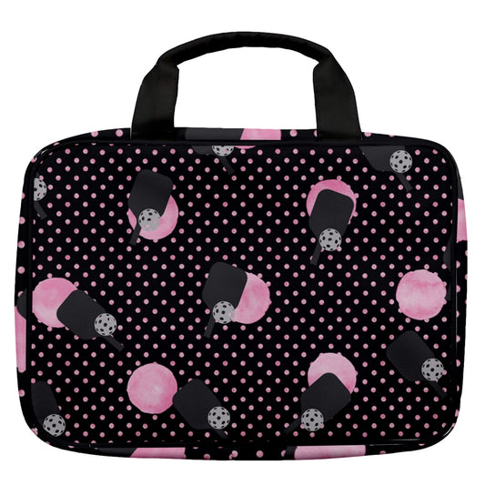 Dizzy Pickle Page Paddles_Polka Dots Black Women's Pickleball Travel Toiletry Bag with Hanging Hook