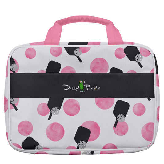 Dizzy Pickle Page Paddles_Polka Dots White Women's Pickleball Travel Toiletry Bag with Hanging Hook