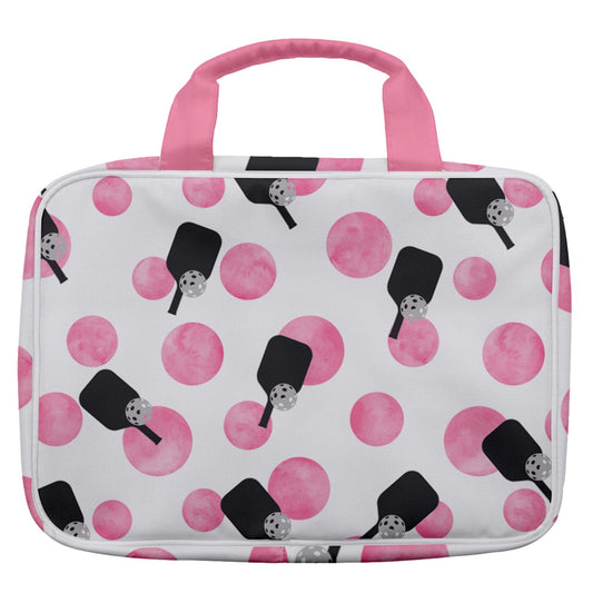 Dizzy Pickle Page Paddles_Polka Dots White Women's Pickleball Travel Toiletry Bag with Hanging Hook