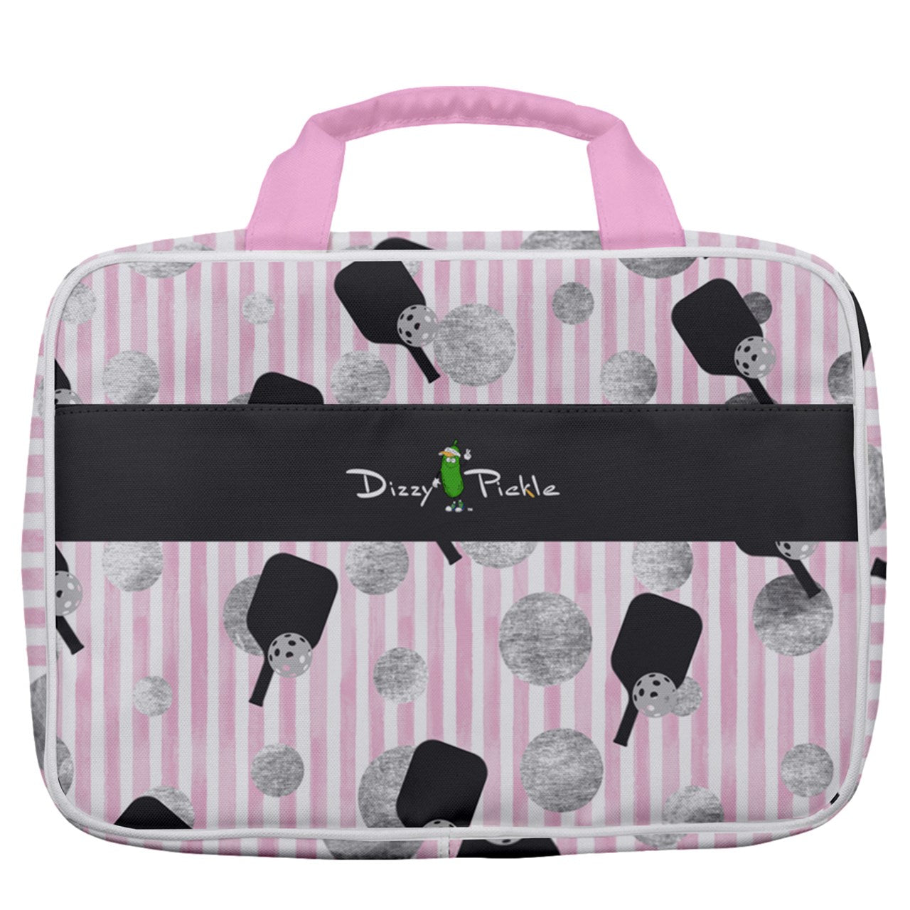 Dizzy Pickle Page Paddles_Polka Dots_Stripes Women's Pickleball Travel Toiletry Bag with Hanging Hook