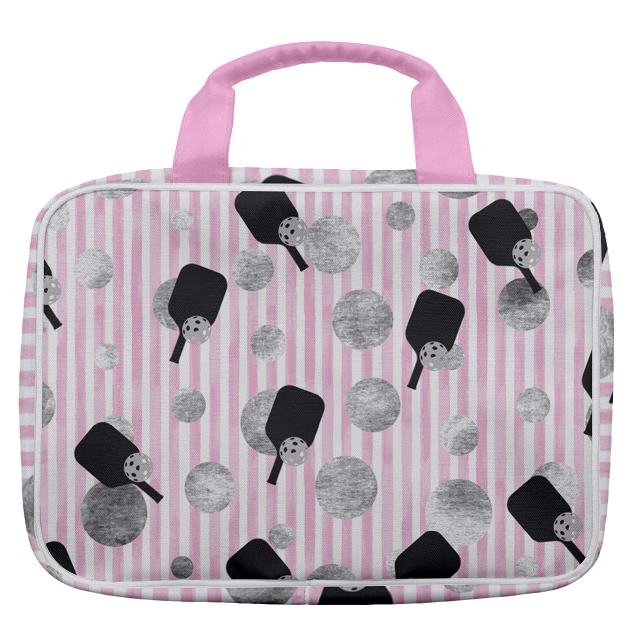 Dizzy Pickle Page Paddles_Polka Dots_Stripes Women's Pickleball Travel Toiletry Bag with Hanging Hook