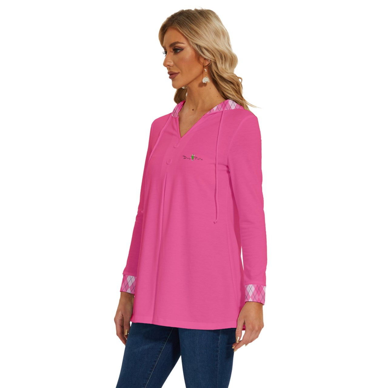 Dizzy Pickle Ashley Argyle Pink Women's Pickleball Long Sleeve Drawstring Hooded Top