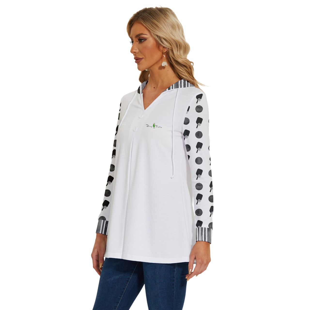 Dizzy Pickle Mary Mini Paddles and Polka Dots Women's Pickleball Long Sleeve Drawstring Hooded Top