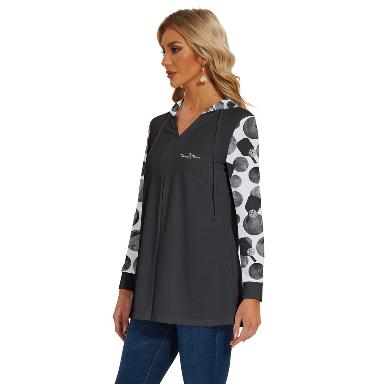 Dizzy Pickle Mary Paddles and Polka Dots Women's Pickleball Long Sleeve Drawstring Hooded Top