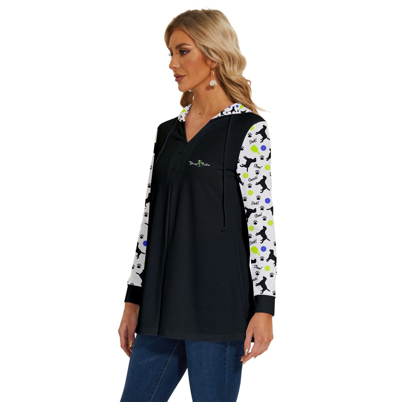 Dizzy Pickle Connie Black Women's Pickleball Long Sleeve Drawstring Hooded Top