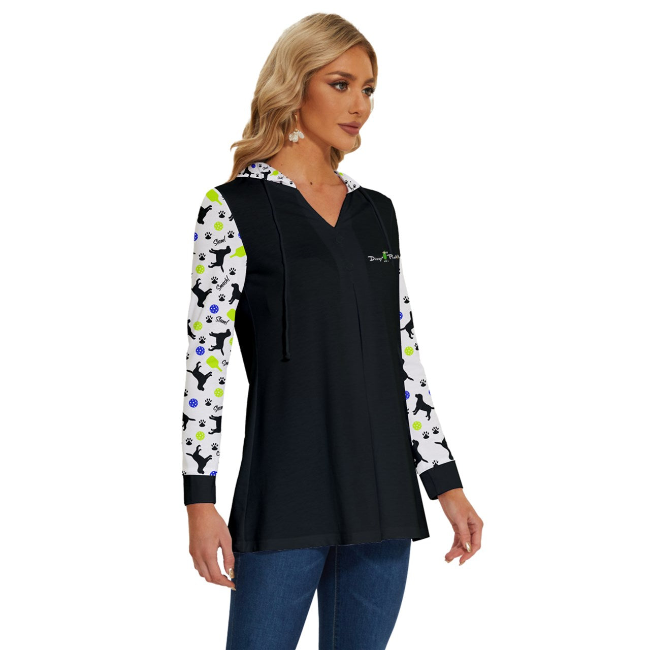 Dizzy Pickle Connie Black Women's Pickleball Long Sleeve Drawstring Hooded Top