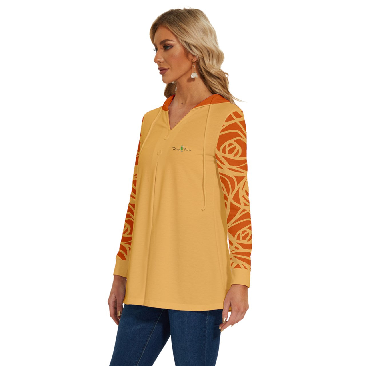 Dizzy Pickle Esther Orange Blooms Women's Pickleball Long Sleeve Drawstring Hooded Top