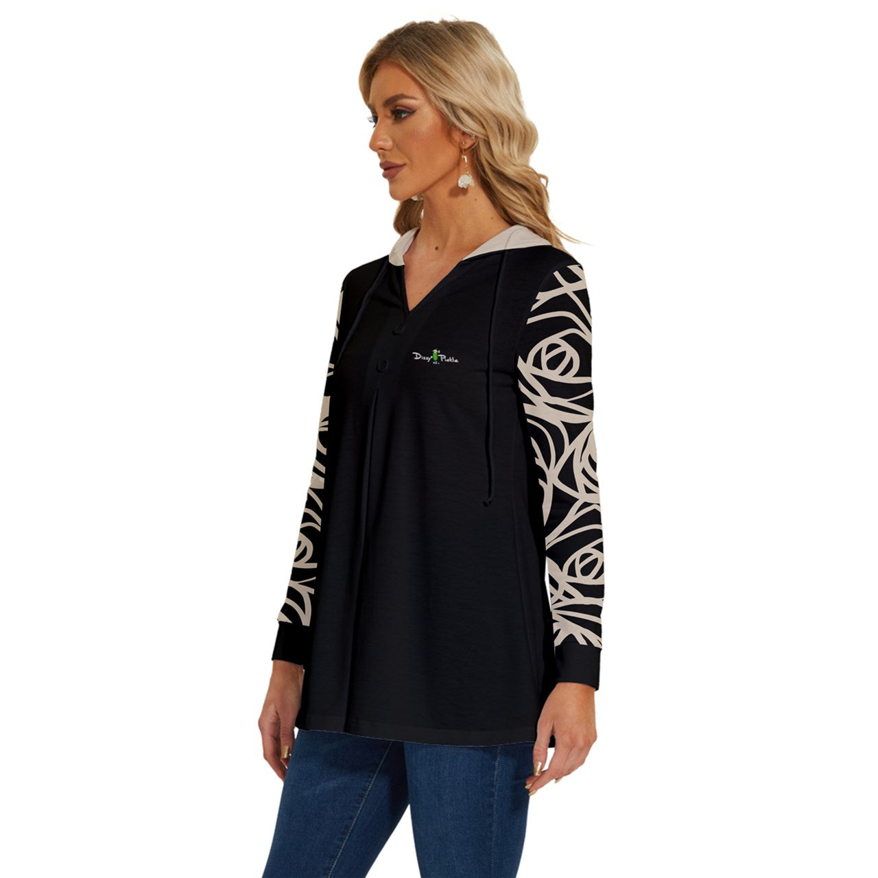 Dizzy Pickle Esther Black Blooms Women's Pickleball Long Sleeve Drawstring Hooded Top