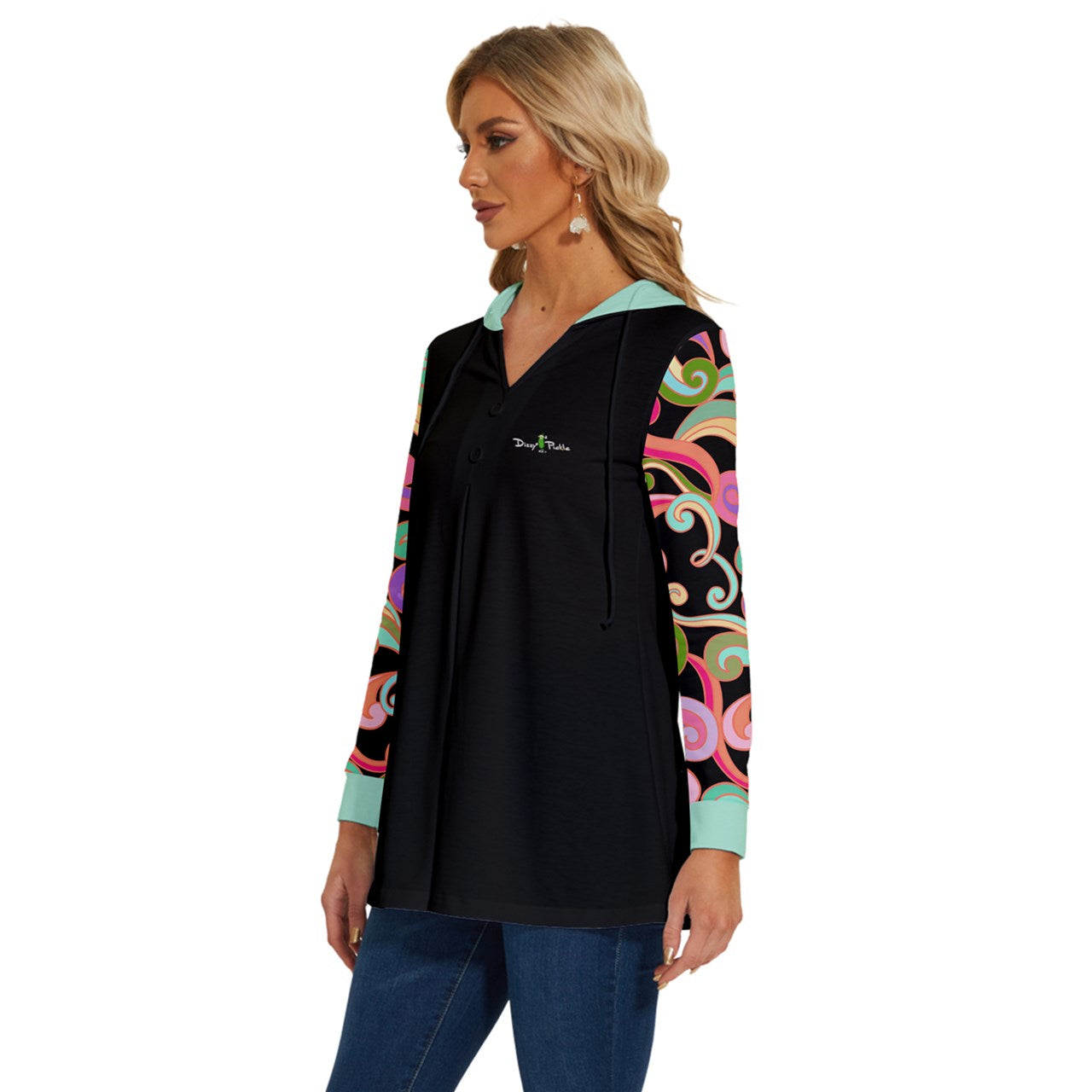 Dizzy Pickle Anna Black Pickleball Long Sleeve Drawstring Hooded Top