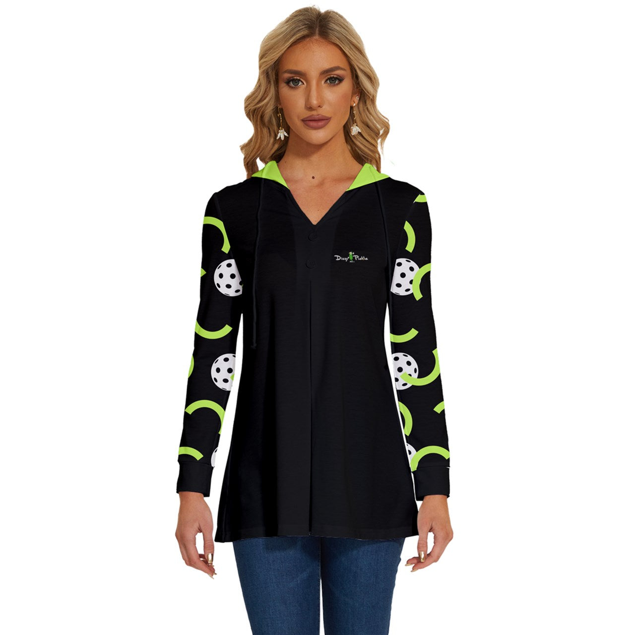 Dizzy Pickle Believe Black Pickleball Long Sleeve Drawstring Hooded Top