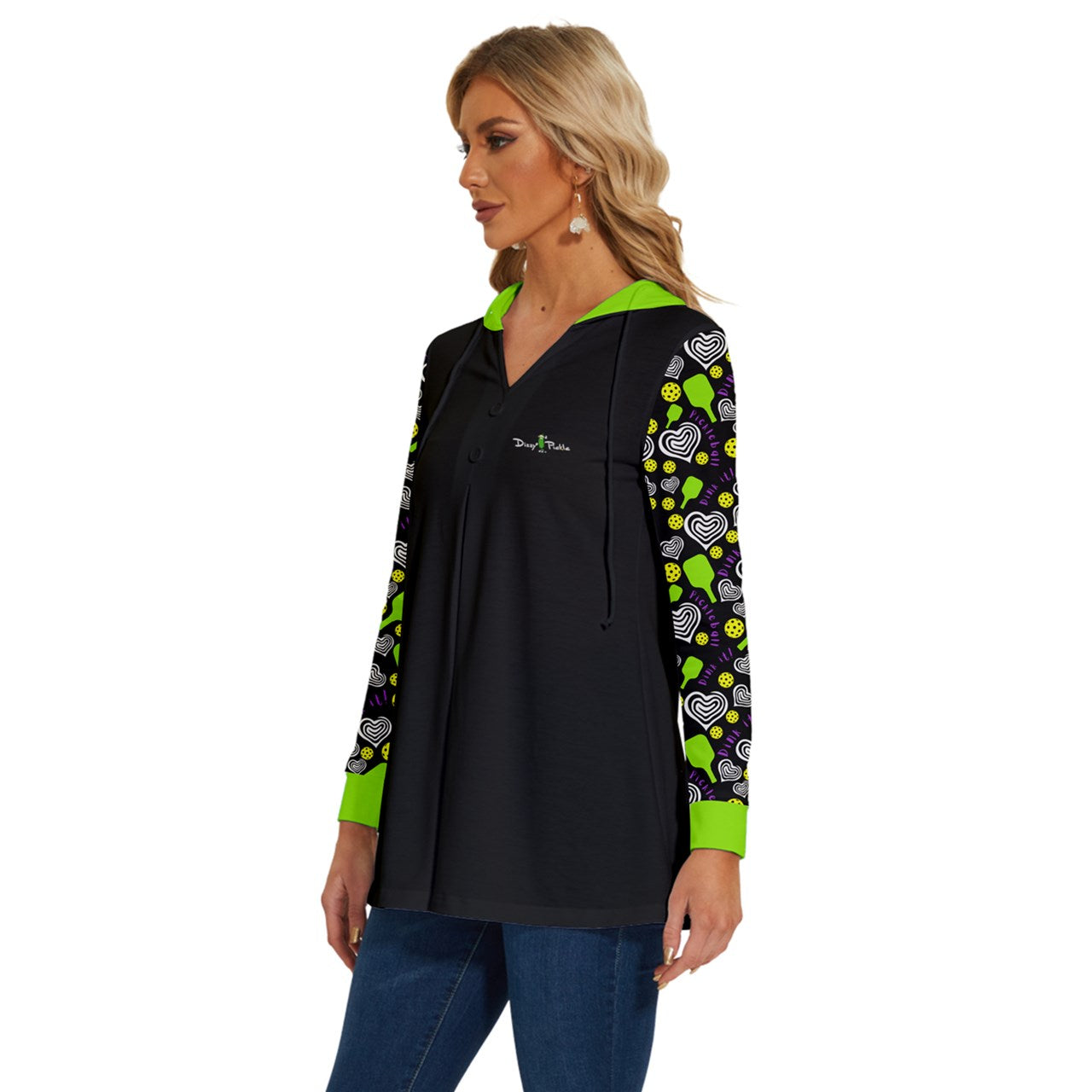 Dizzy Pickle Dinking Diva Hearts BG Pickleball Long Sleeve Drawstring Hooded Top