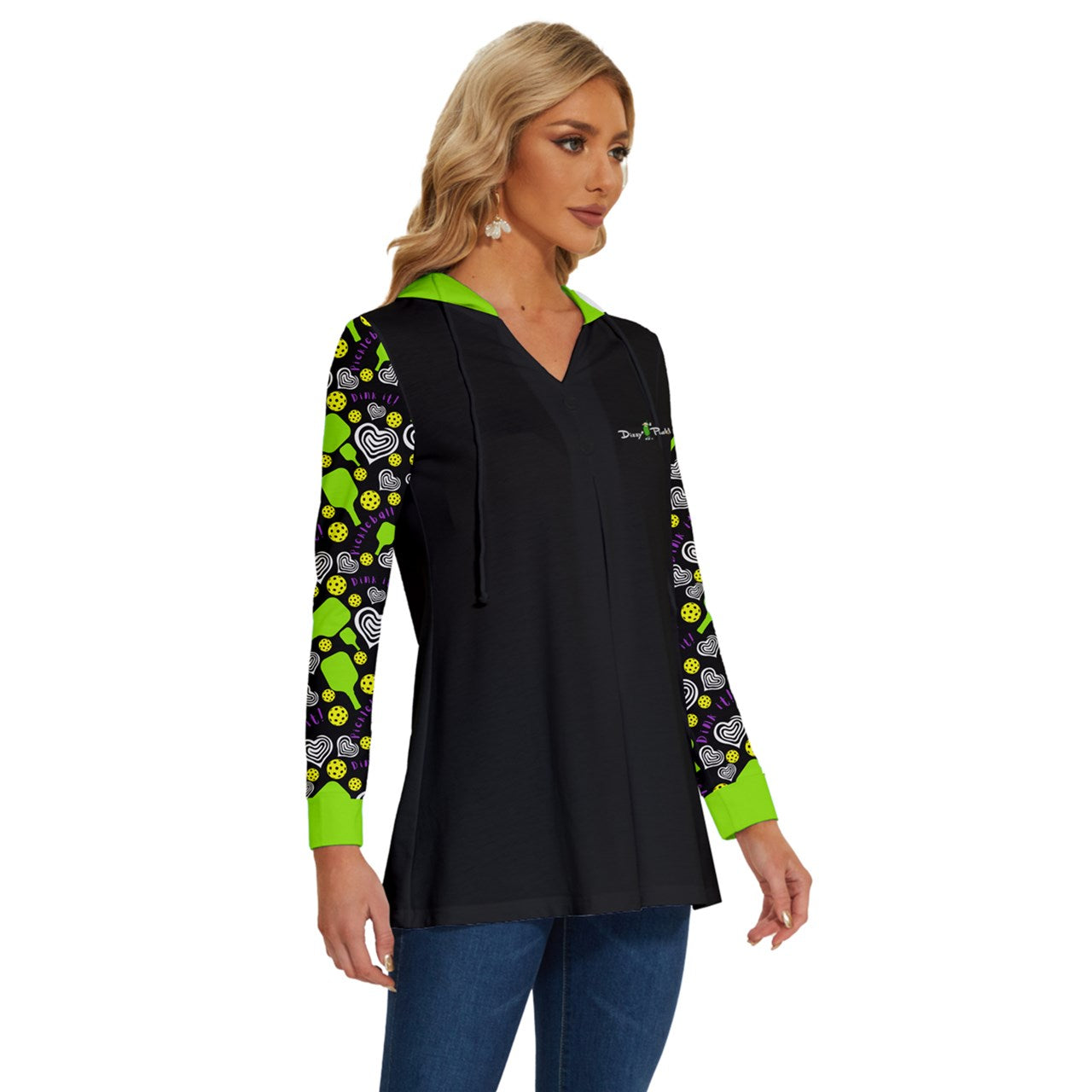 Dizzy Pickle Dinking Diva Hearts BG Pickleball Long Sleeve Drawstring Hooded Top