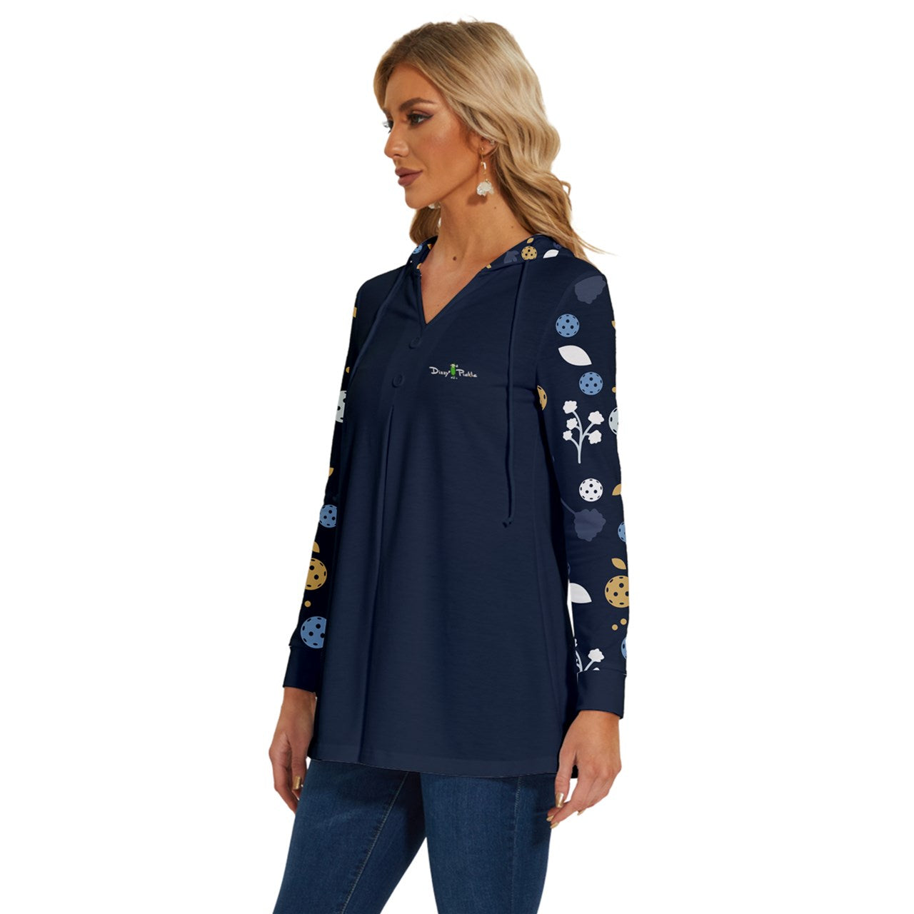 Dizzy Pickle Lesley Navy Blue Pickleball Long Sleeve Drawstring Hooded Top