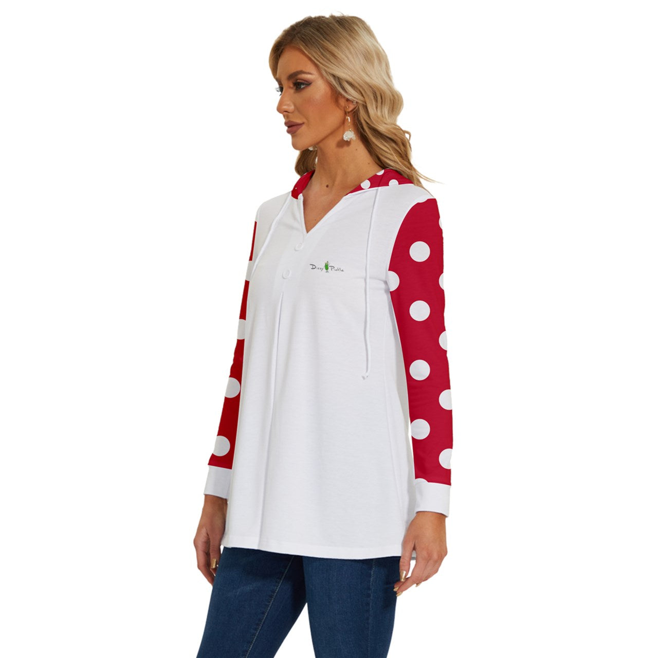 Dizzy Pickle Christmas Polka Dots Red White Pickleball Long Sleeve Drawstring Hooded Top