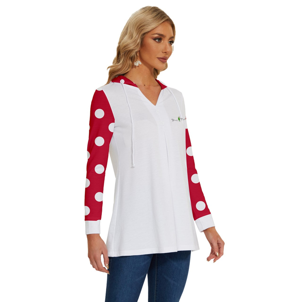 Dizzy Pickle Christmas Polka Dots Red White Pickleball Long Sleeve Drawstring Hooded Top