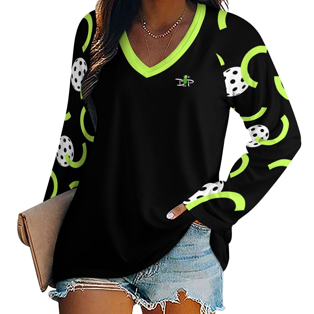 Dizzy Pickle Believe Black Women's Pickleball Long sleeve Double Layered V-Neck Loose Tee