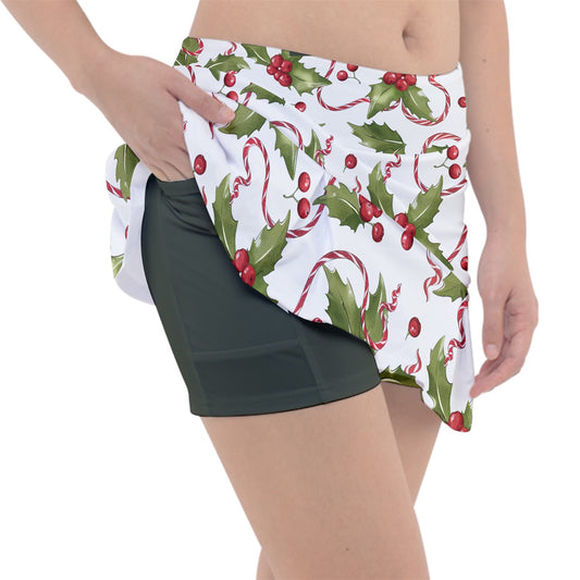 Dizzy Pickle Christmas Holly and Ribbon Women's Pickleball Classic 15" Pickleball Skort with Inner Shorts