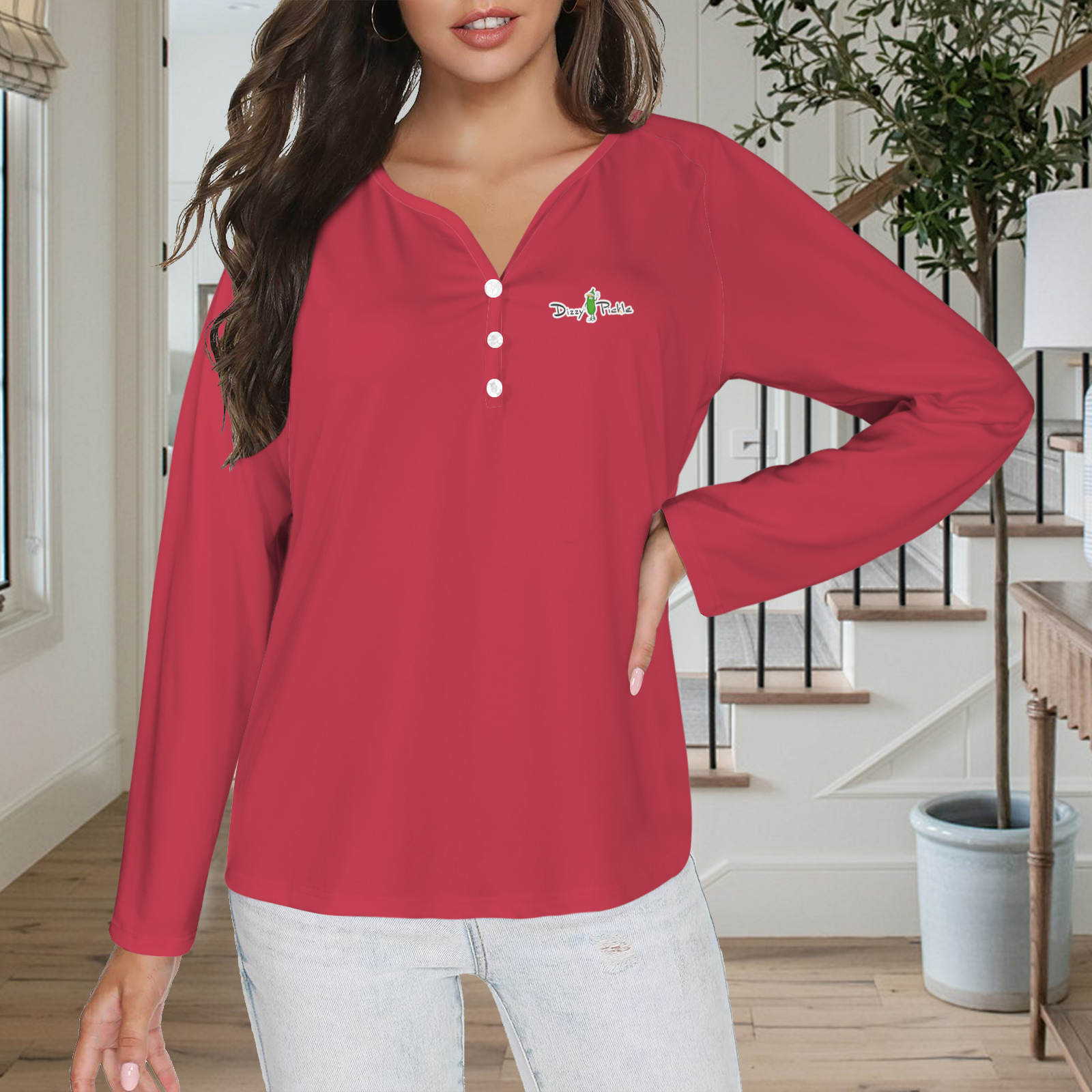 Three Button Long Sleeve Rose Red