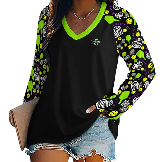 Dizzy Pickle Dinking Diva Hearts BG Women's Pickleball Long sleeve Double Layered V-Neck Loose Tee