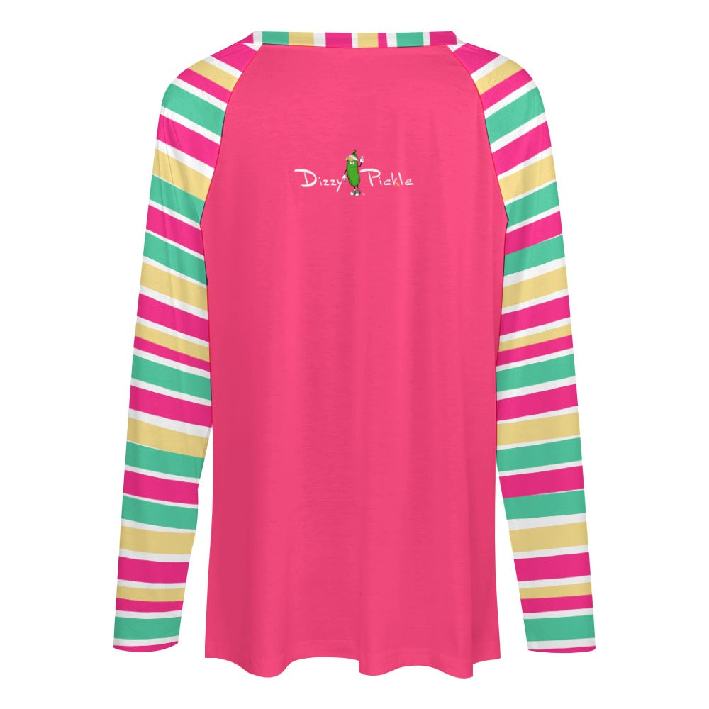 Dizzy Pickle MaryEllen Stripes Deep Pink Women's Pickleball Long sleeve Double Layered V-Neck Loose Tee