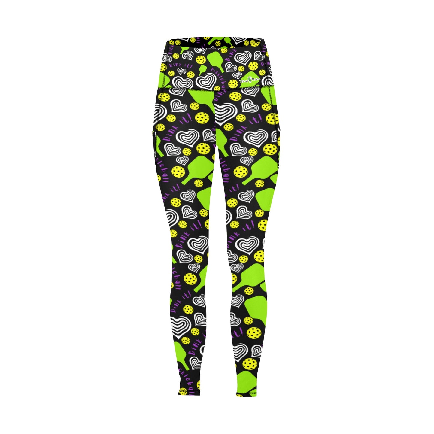 Dizzy Pickle Dinking Diva Hearts BG Women's Pickleball Performance Leggings (Ankle Length, High-Waisted, & Two Side Pockets)