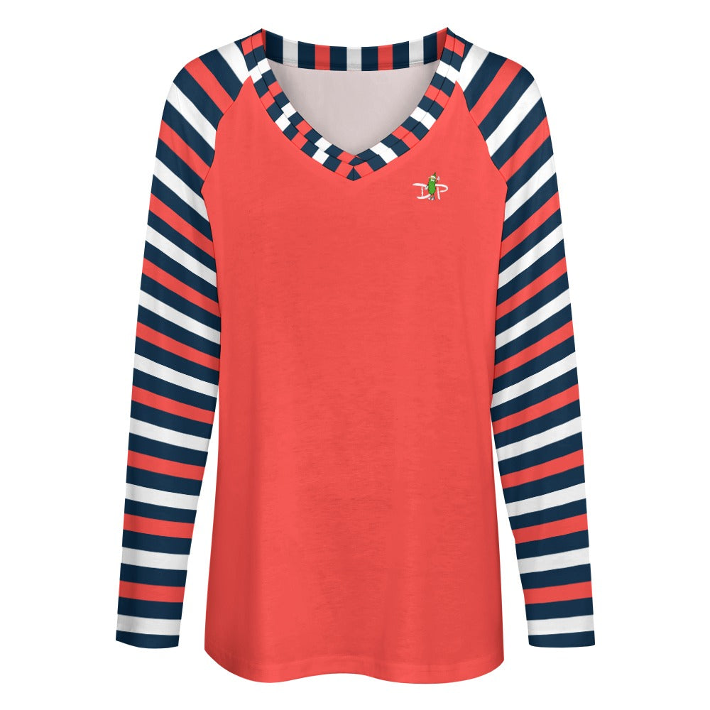 Dizzy Pickle Van Stripes Coral Women's Pickleball Long sleeve Double Layered V-Neck Loose Tee