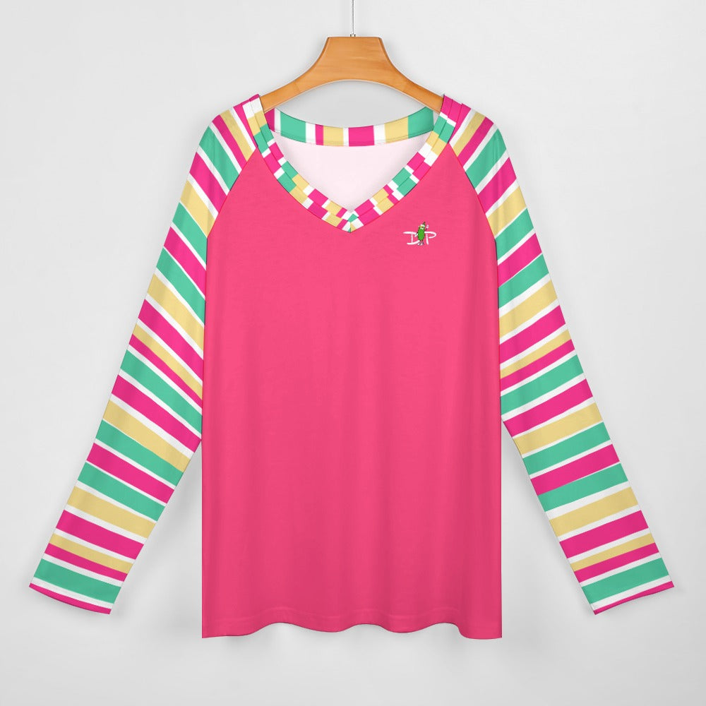 Dizzy Pickle MaryEllen Stripes Deep Pink Women's Pickleball Long sleeve Double Layered V-Neck Loose Tee