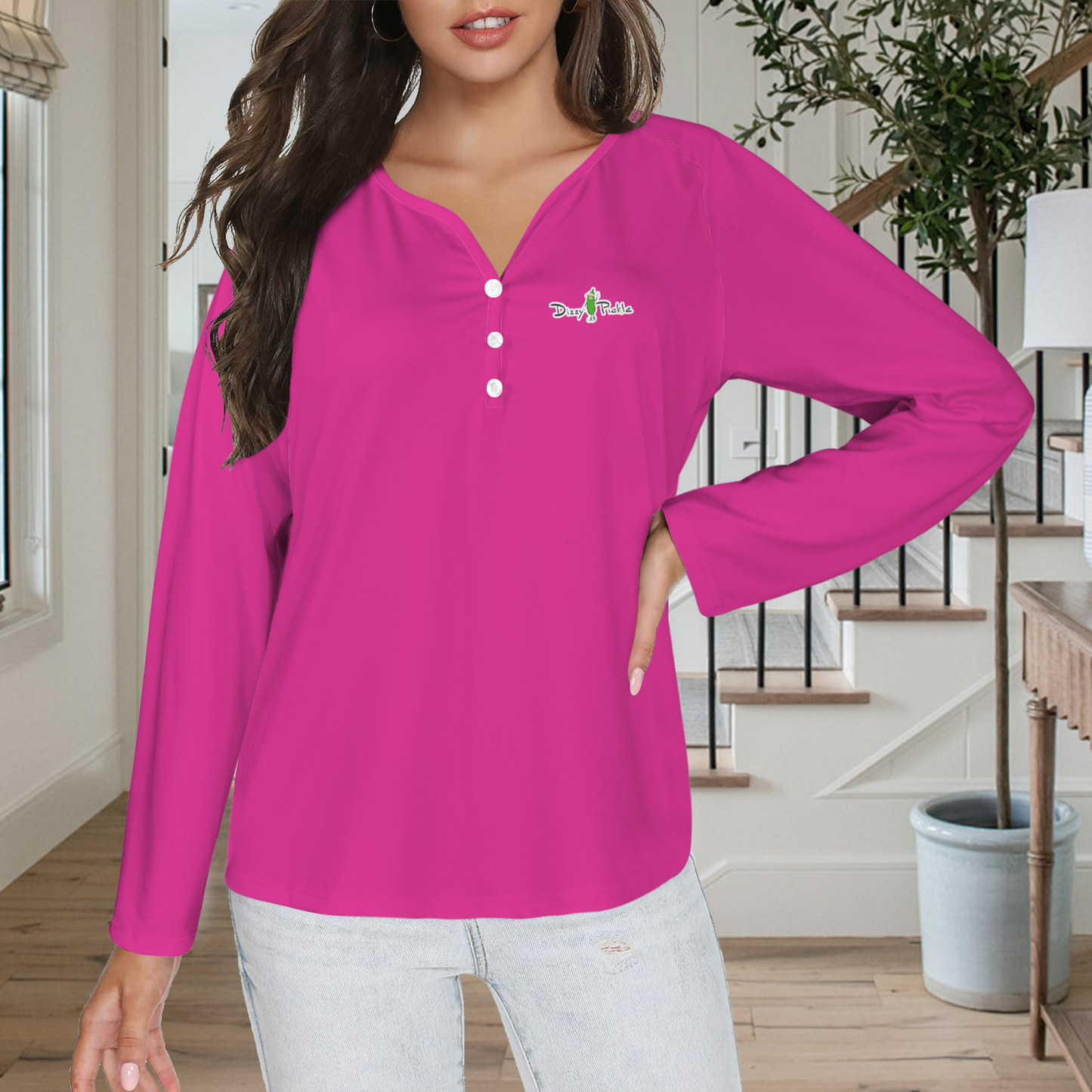 Three Button Long Sleeve Raspberry