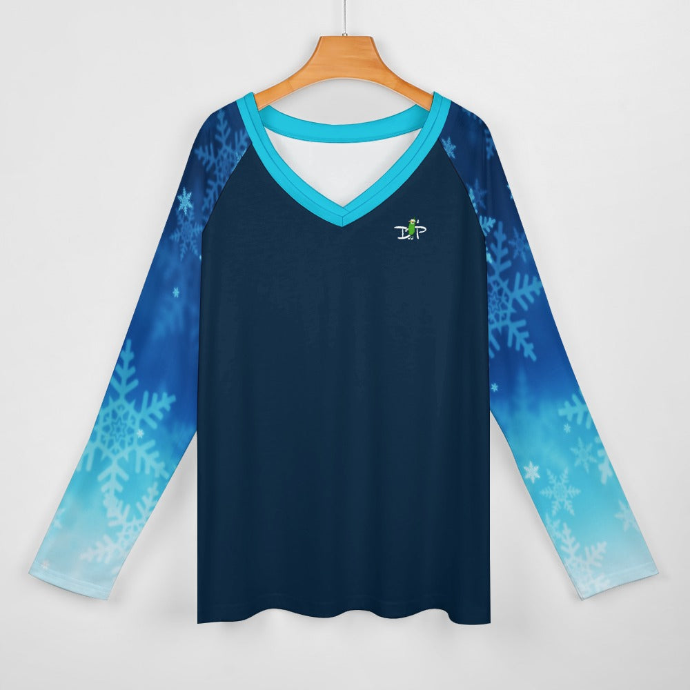 Dizzy Pickle Christmas Blue Snowflakes Women's Pickleball Double Layered V-Neck Loose Tee