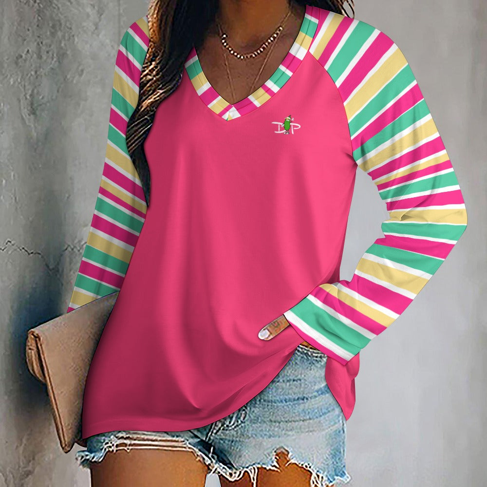 Dizzy Pickle MaryEllen Stripes Deep Pink Women's Pickleball Long sleeve Double Layered V-Neck Loose Tee