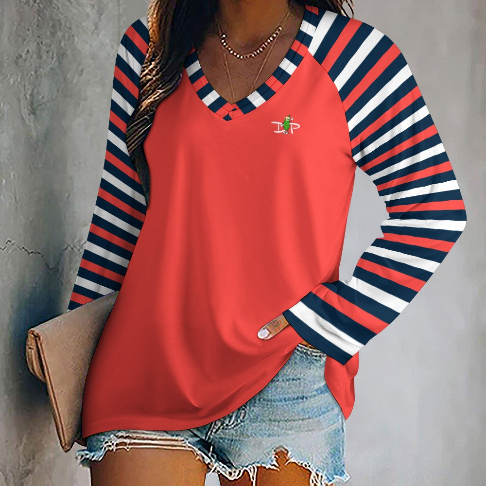 Dizzy Pickle Van Stripes Coral Women's Pickleball Long sleeve Double Layered V-Neck Loose Tee