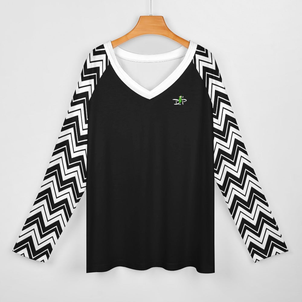 Dizzy Pickle Kim Zig Zag Black White Women's Pickleball Long sleeve Double Layered V-Neck Loose Tee