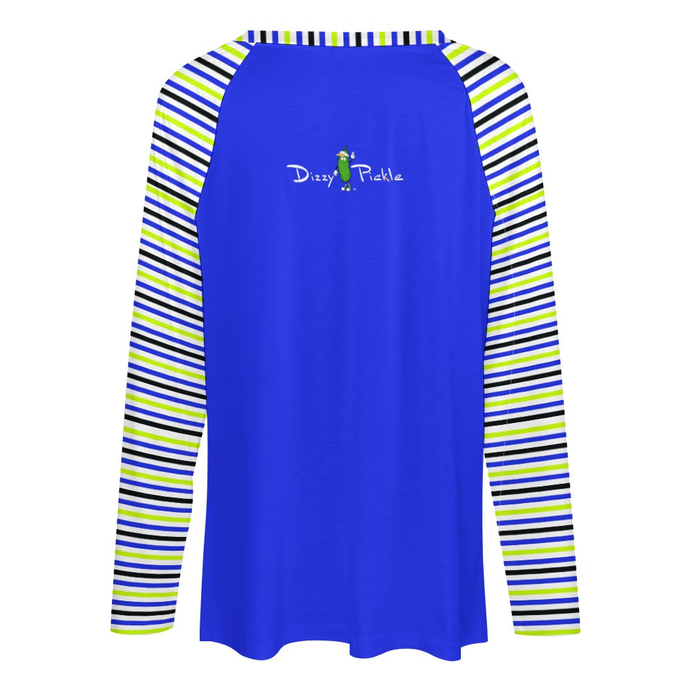 Dizzy Pickle Connie Stripes Blue Women's Pickleball Long sleeve Double Layered V-Neck Loose Tee