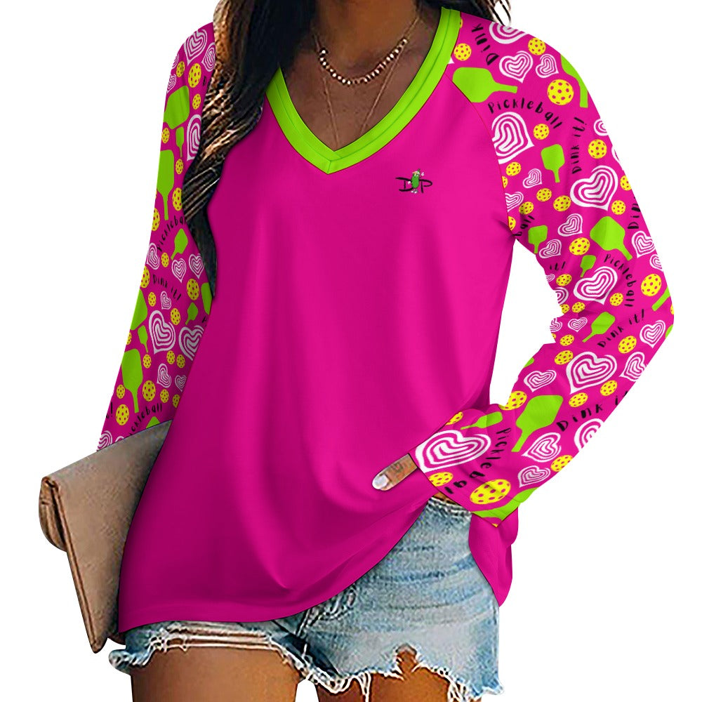 Dizzy Pickle Dinking Diva Hearts PG Women's Pickleball Long sleeve Double Layered V-Neck Loose Tee